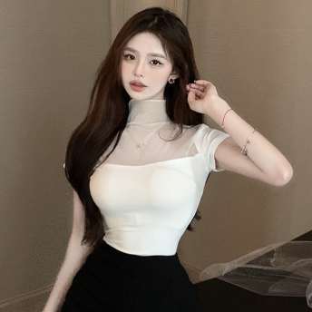 【トップス】女性大人気 韓国系 個性的なデザイン 着痩せ 透かし彫り ハーフネック Tシャツ