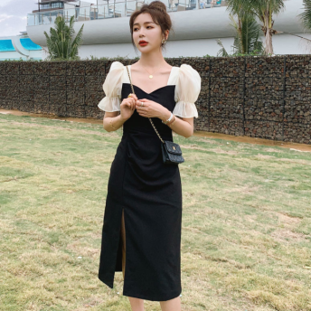 「ワンピース」韓国風ファッション エレガント ファッション 配色 切り替え スリット シフォンワンピース